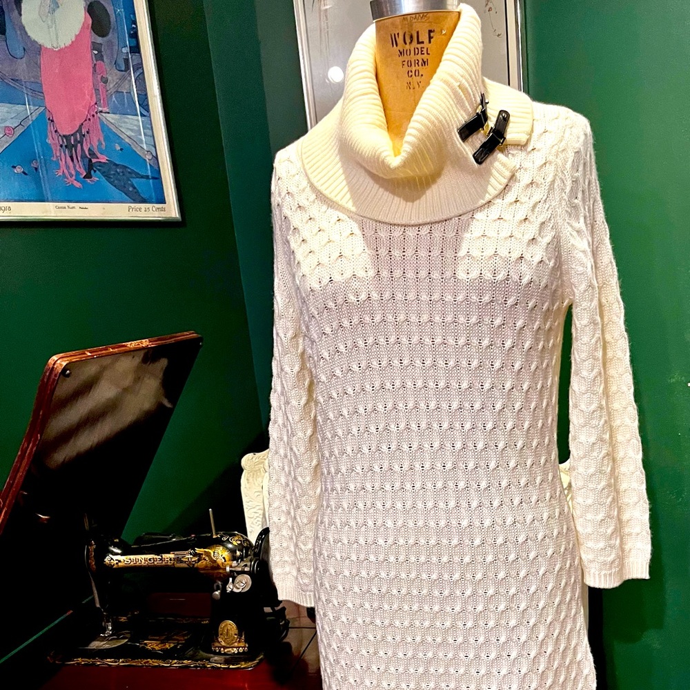 Calvin Klein White Knit Sweater Dress with Cowl Neck